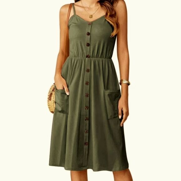 Olive Green Midi Slip Dress with Elastic Ruched Back. Coastal Cowgirl, Akubi - Picture 1 of 14